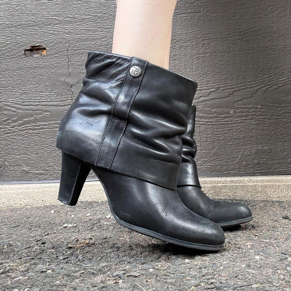 Y2K 2000s BCBG Black Leather layered shark heeled leather Ankle Boots
